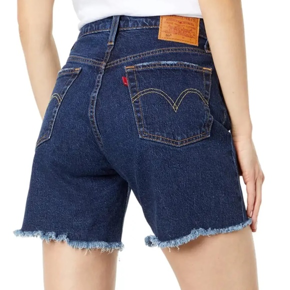 Levi's 501 Dark Wash button High Rise Long mid Thigh Frayed Denim Shorts 28